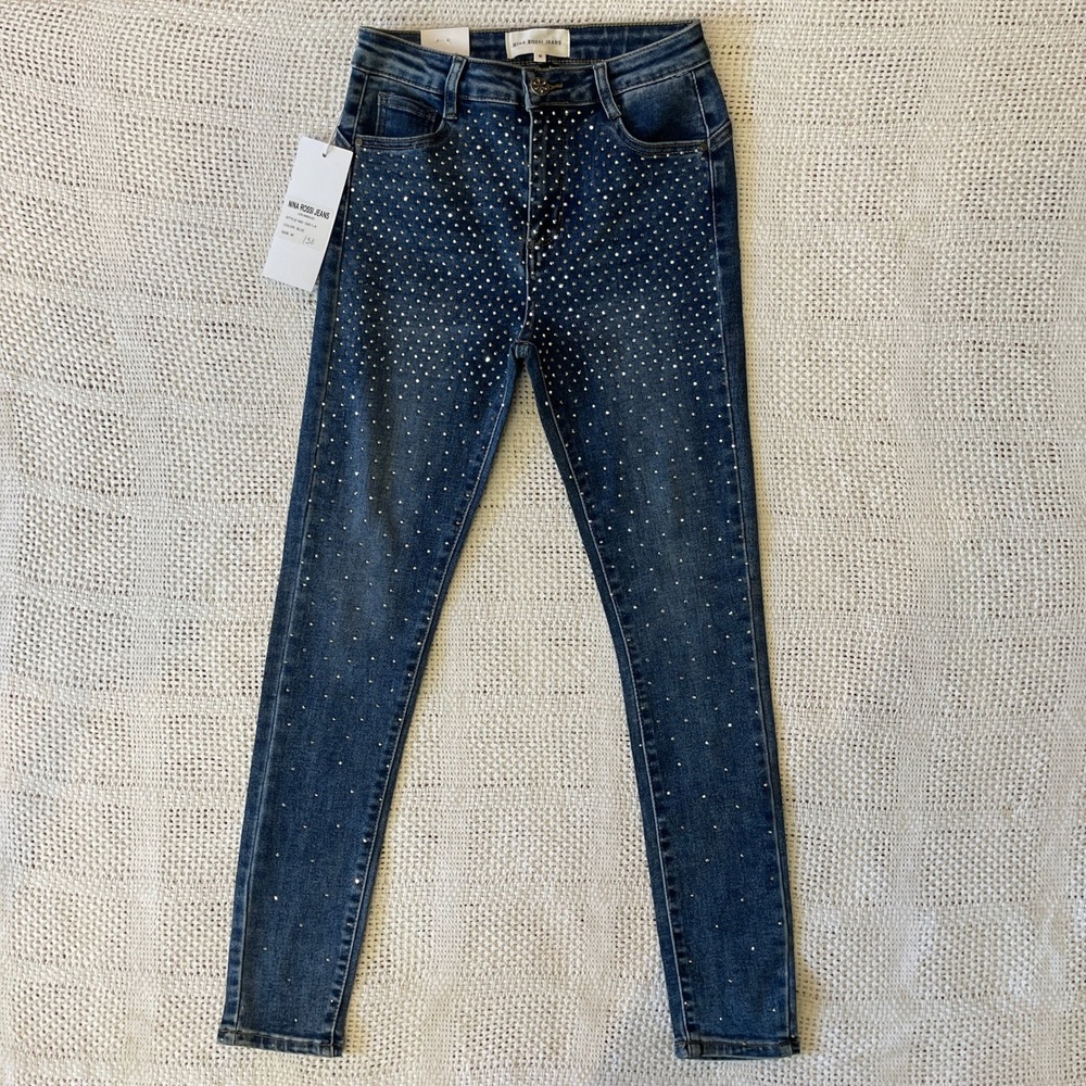 Nina Rossi Jeans Los Angeles Blue Rhinestone Embellished Skinny Jeans Size M NEW